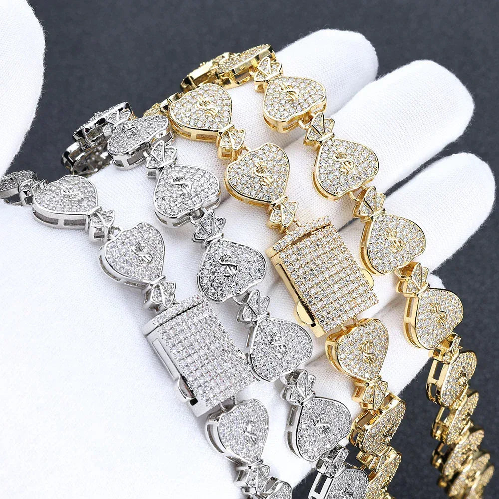 15mm Money Bag Cuban Chain Zircon Hip Hop Jewelry - CaratixJewelry