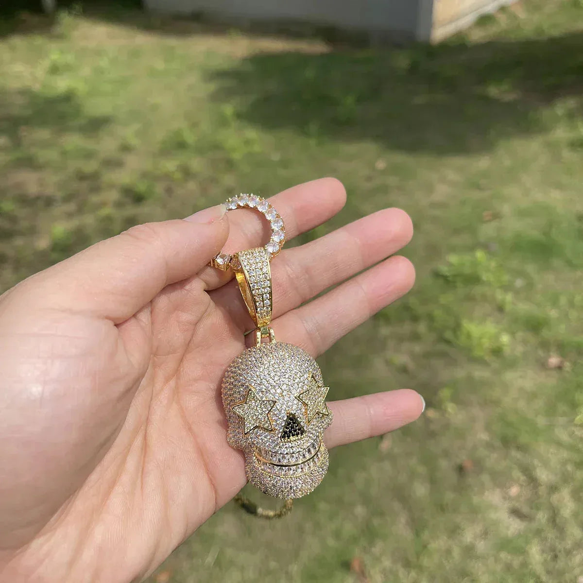 Iced Out Star Eye Skull Pendant | Men's Real Copper CZ Necklace - CaratixJewelry