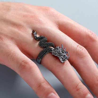 Black Dragon Ring for Men | Neo-Chinese Mythical Serpent Band | Caratix