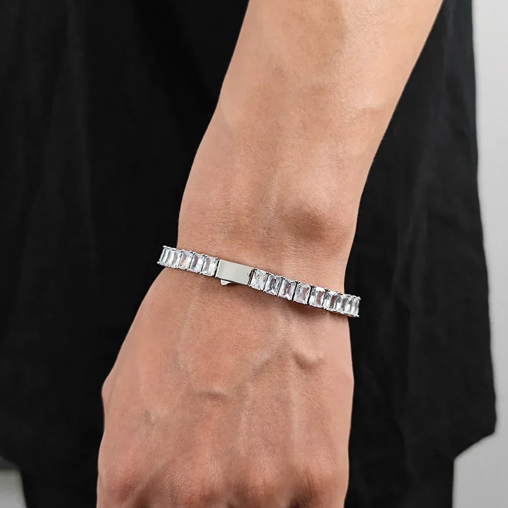 6mm Rectangle Zircon Tennis Chain Bracelet with Spring Clasp for Men | Caratix Jewelry - CaratixJewelry