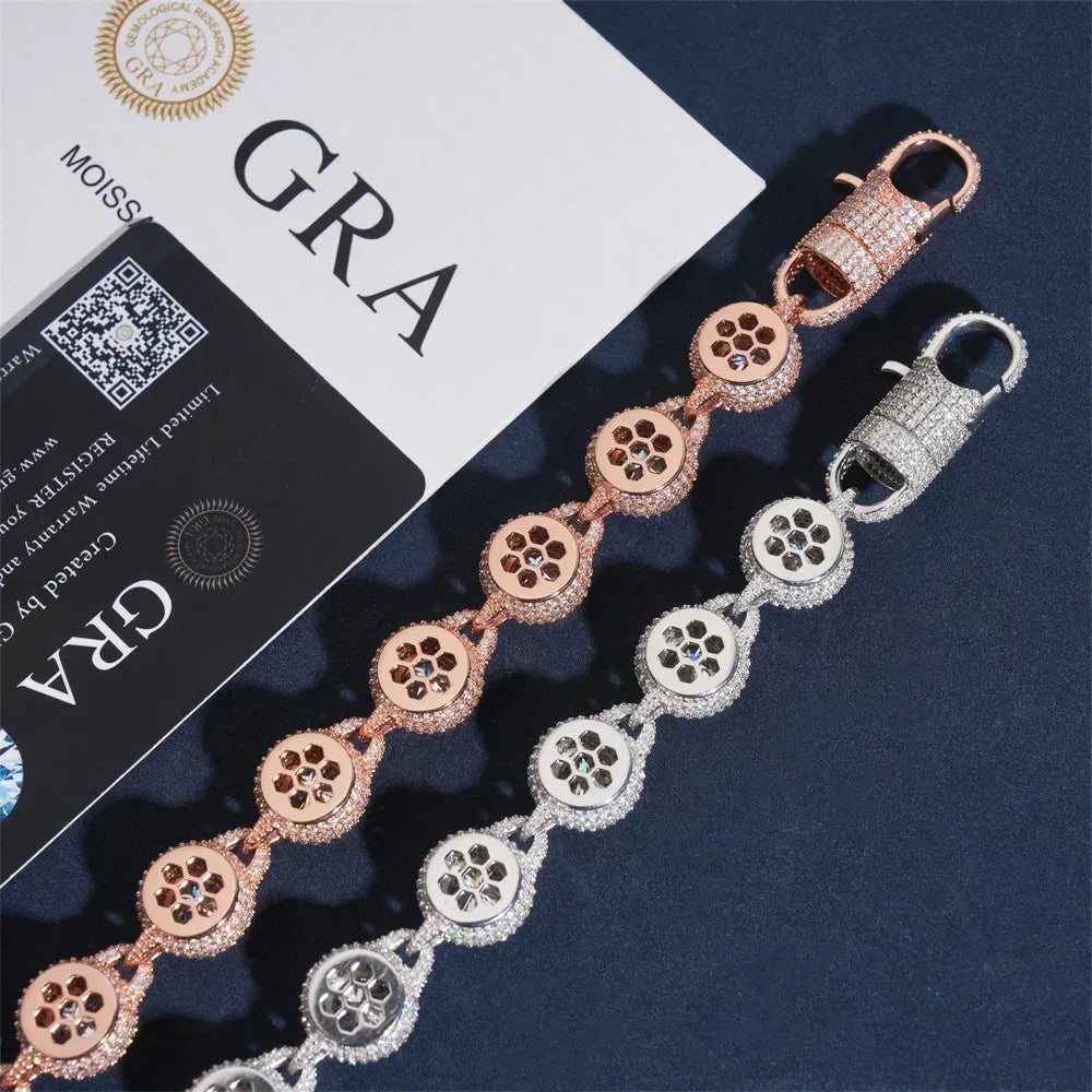 14mm Round-Bezel D Color Moissanite Cuban Link Bracelet – S925 Sterling Silver Iced-Out Hip Hop Streetwear Jewelry - CaratixJewelry