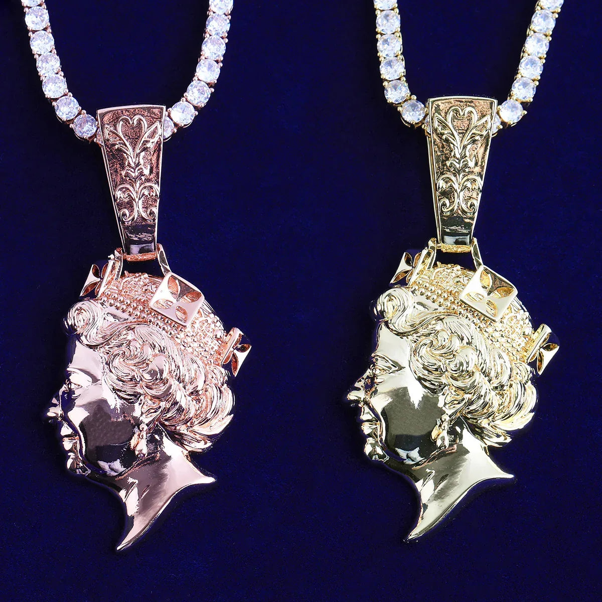 Iced Out Queen Elizabeth Portrait Pendant | Men's Real Copper CZ Necklace - CaratixJewelry