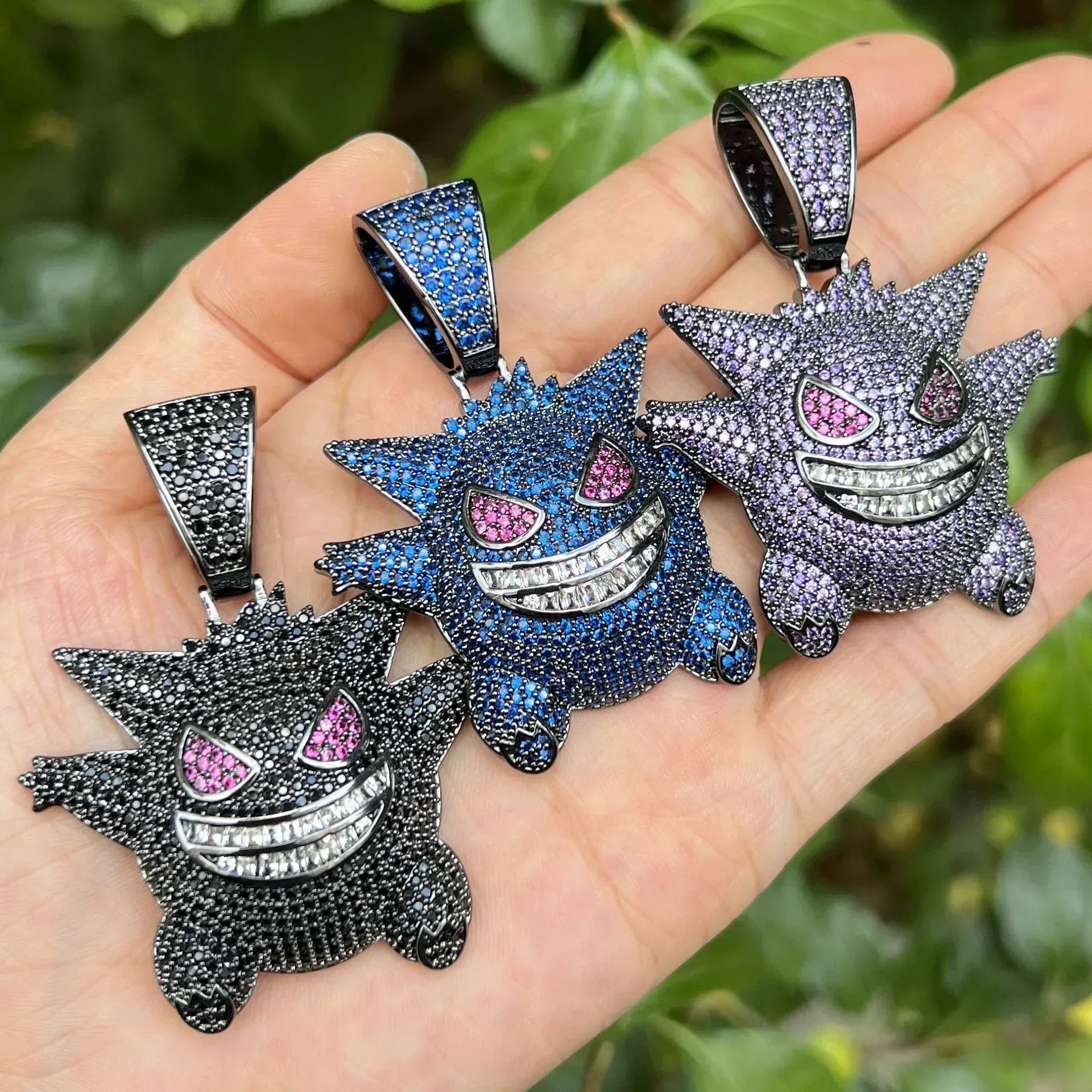 Purple Gengar Pendant Necklace | Iced Out CZ Hip Hop Cartoon Streetwear Jewelry - CaratixJewelry