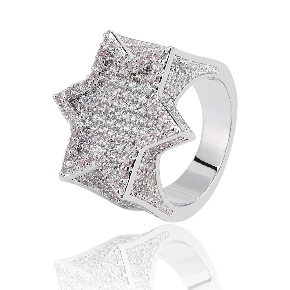 Men's Iced Out 3D Star Ring | Hip Hop Pentagram Signet Band | Caratix