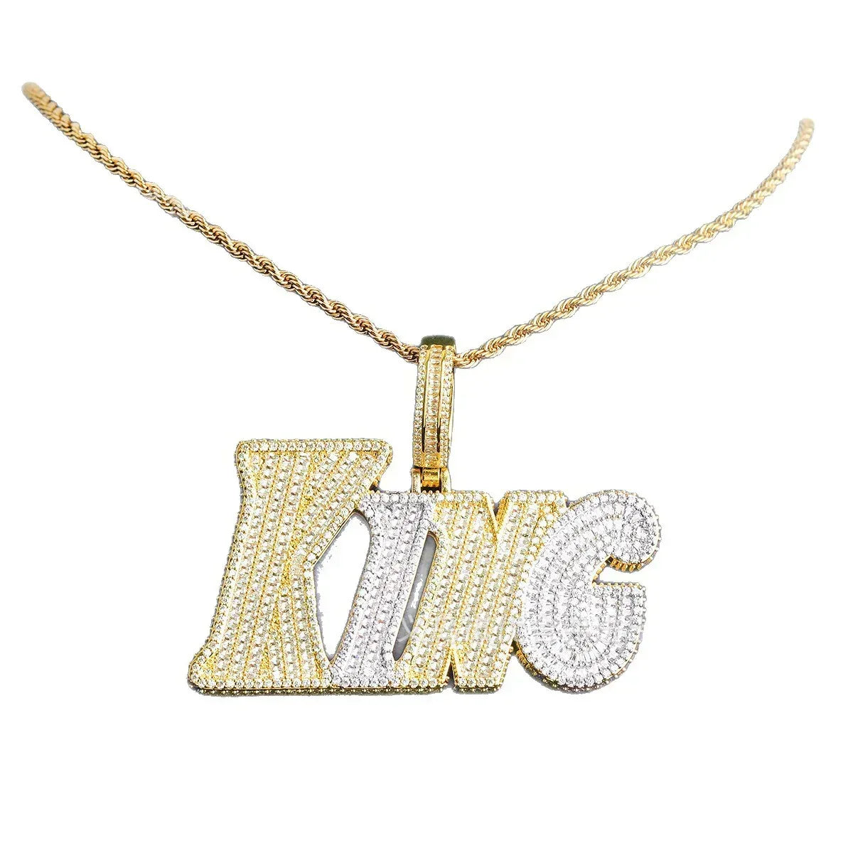 Iced Out "KING" Letter Pendant with Crown | Men's Real Copper CZ Necklace - CaratixJewelry