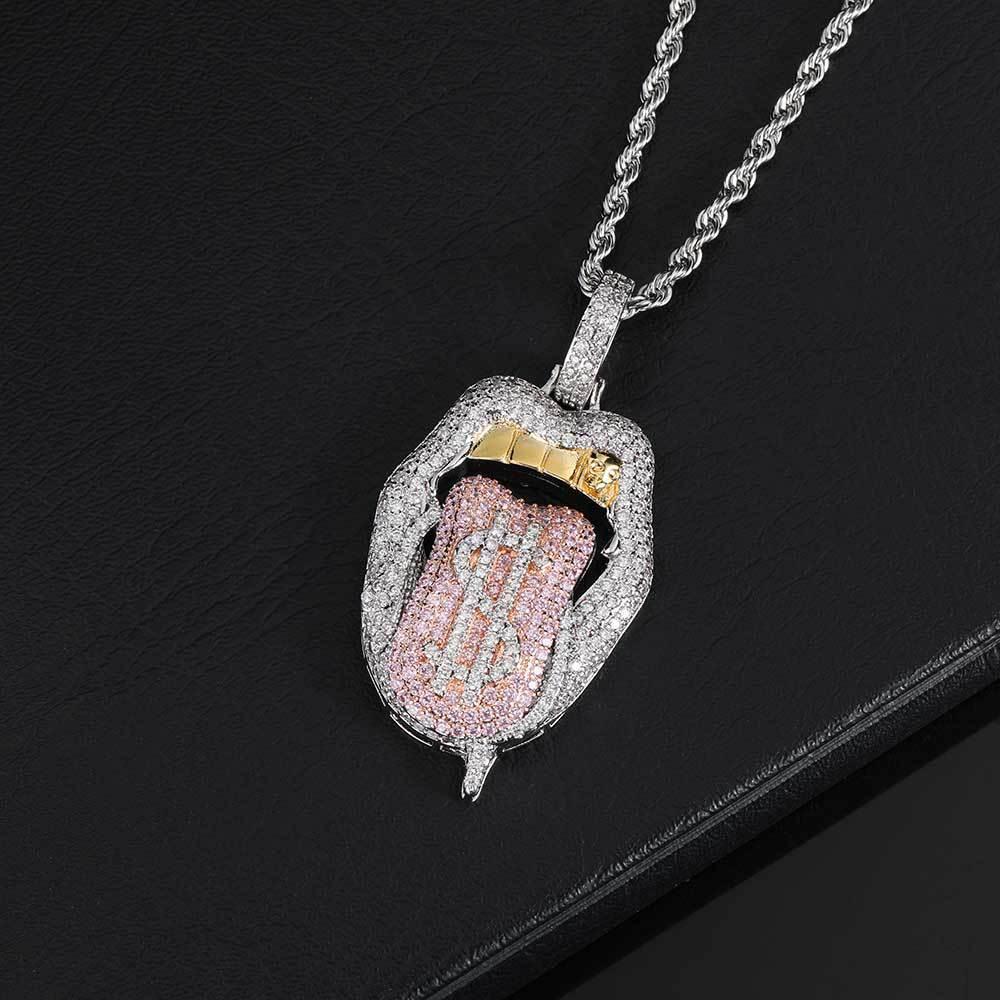 Custom Dollar Mouth & Tongue Pendant Necklace with Micro-Pave Zircon Stones for Men | Caratix Jewelry - CaratixJewelry