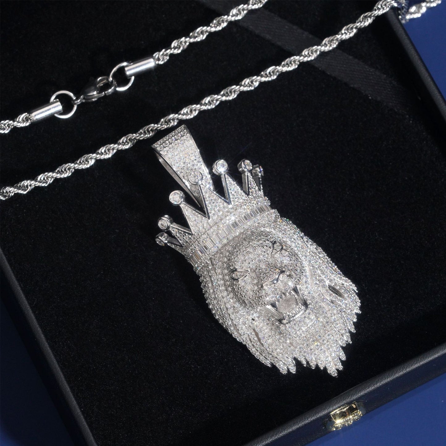 S925 Sterling Silver Moissanite Lion King Pendant with Crown | Iced Out Lion Head for Cuban Chain | Caratix