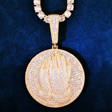 Double-Hand Disc Pendant Necklace | CZ Iced Out Hip Hop Streetwear Sweater Chain - CaratixJewelry