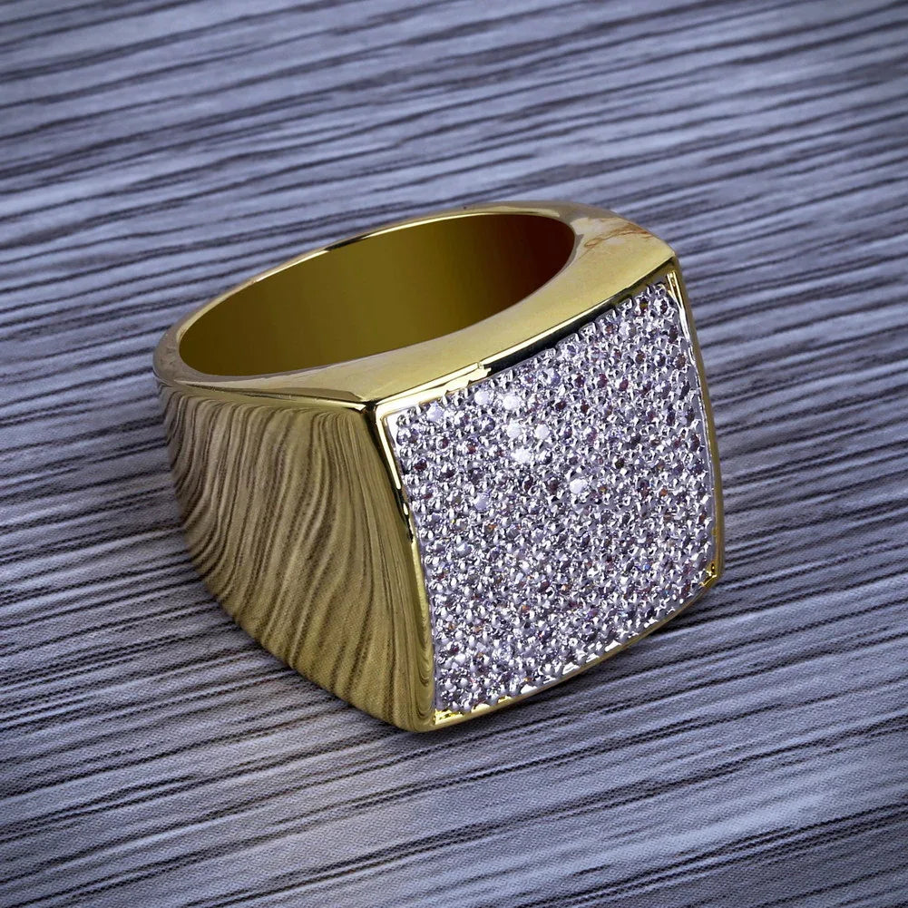 Men's Iced Out Cuban Link Square Ring | Pave Zirconia Band | Caratix