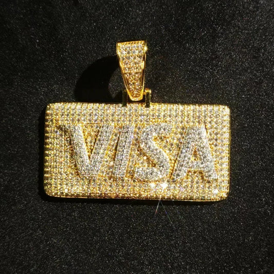 Iced Out VISA Credit Card Pendant Necklace – Hip Hop Double-Layer CZ Dog Tag Jewelry - CaratixJewelry
