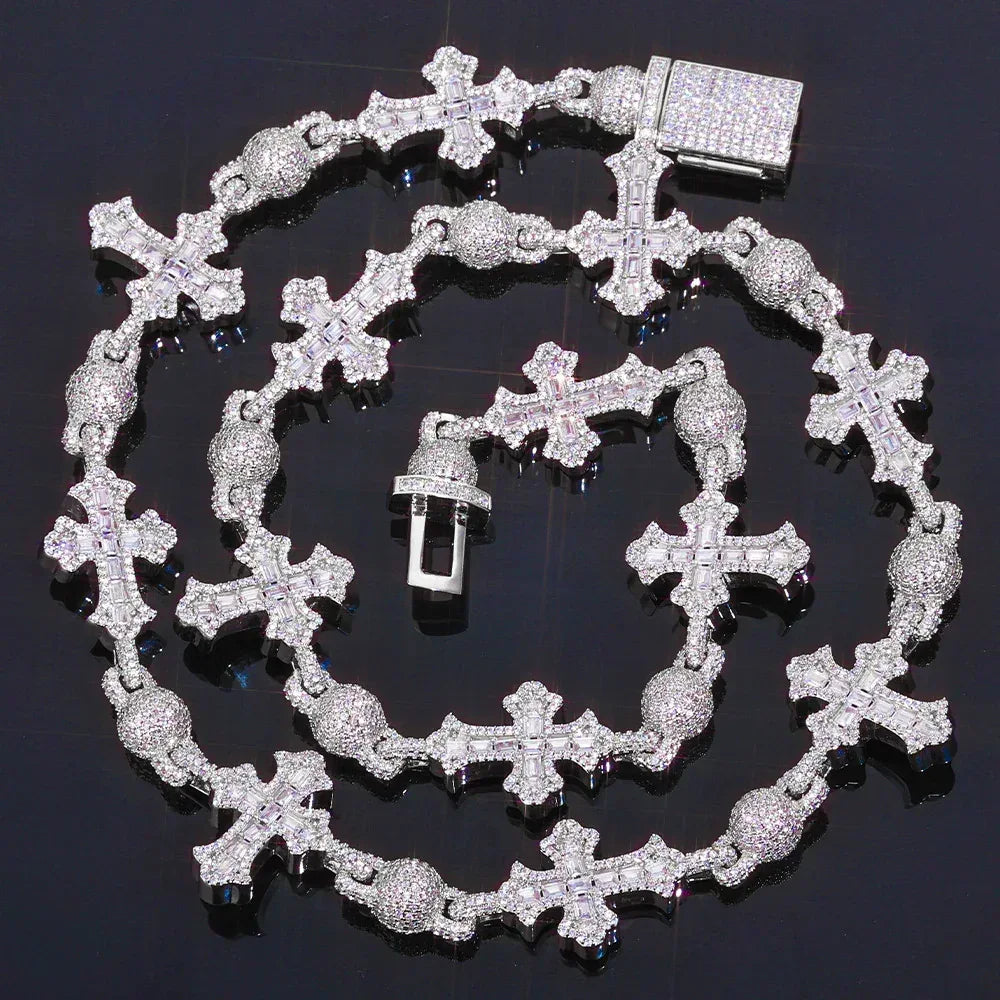 Moissanite Cross Necklace with Mixed-Cut Bead & T-Bar Chain – S925 Sterling Silver Vintage Hip Hop Jewelry for Men - CaratixJewelry