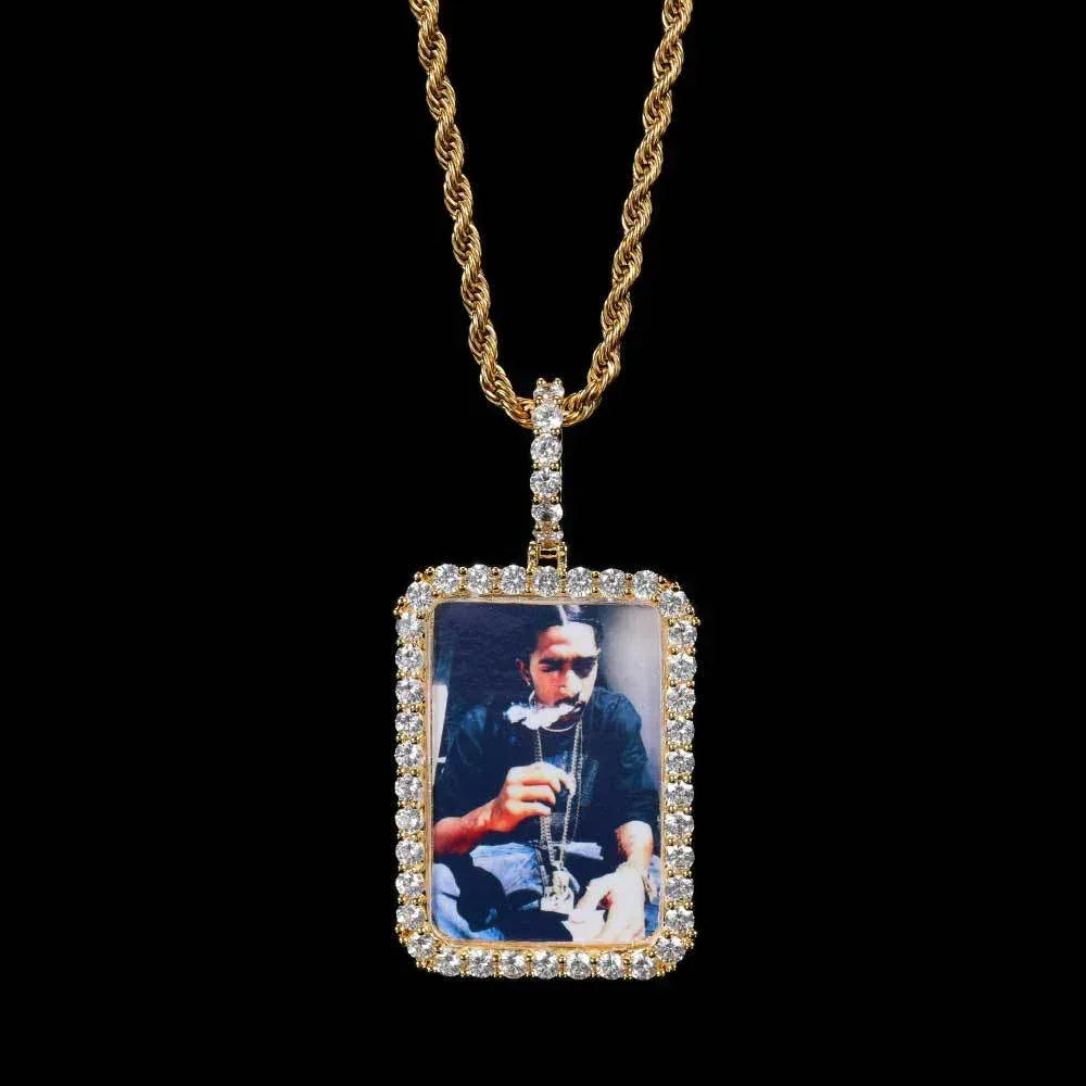 Custom Large Square Photo Pendant Necklace with Micro-Pave Zircon Stones | Caratix Jewelry - CaratixJewelry