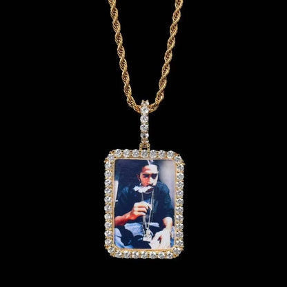 Custom Large Square Photo Pendant Necklace with Micro-Pave Zircon Stones | Caratix Jewelry - CaratixJewelry