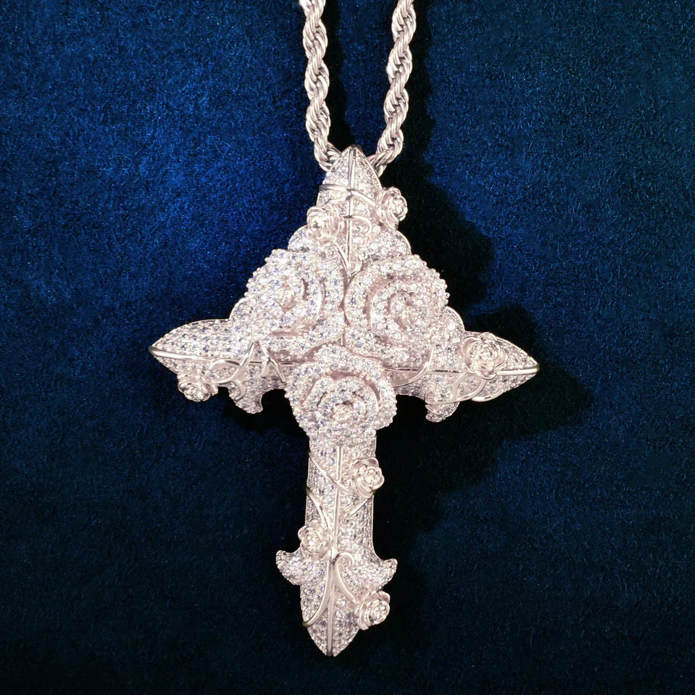 Iced Out Rose Cross Pendant Rope Chain Necklace - CaratixJewelry