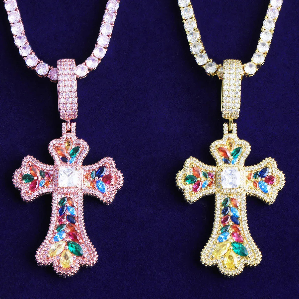 Luxury Multi-Color Iced Out Cross Pendant for Men | Hip Hop Rainbow Zircon Necklace | Genuine Copper CZ Jewelry | Senior Sense Bling | Caratix - CaratixJewelry