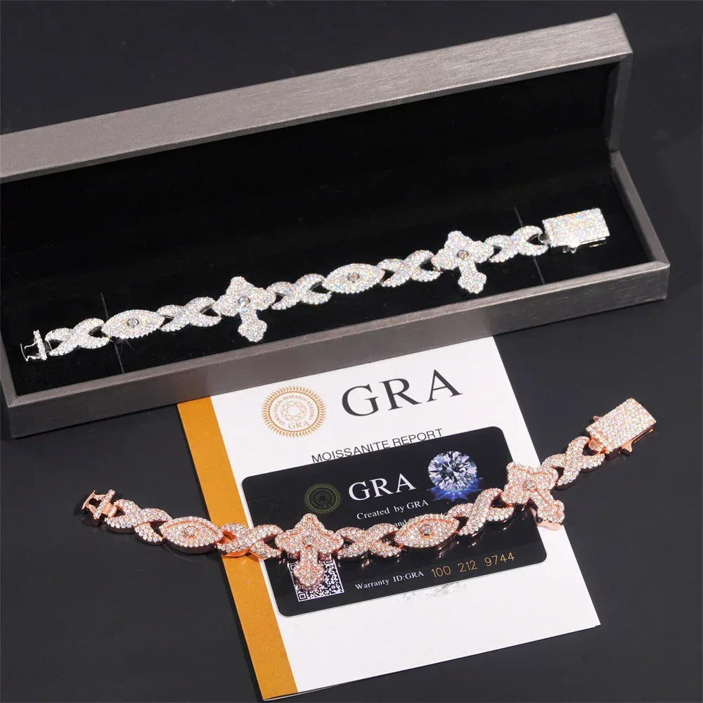 12mm Moissanite Eye & Cross Cuban Link Bracelet – S925 Sterling Silver Iced-Out Hip Hop Men’s Streetwear Jewelry - CaratixJewelry