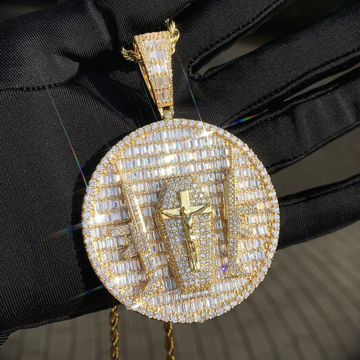 Iced Out Double Gun Cross Round Pendant Necklace – Hip Hop Step-Cut CZ Copper Jewelry - CaratixJewelry