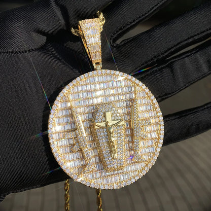 Iced Out Double Gun Cross Round Pendant Necklace – Hip Hop Step-Cut CZ Copper Jewelry - CaratixJewelry