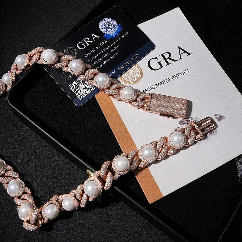 15mm Pearl Moissanite Cuban Link Necklace | S925 Silver Men’s Hip Hop Chain - CaratixJewelry