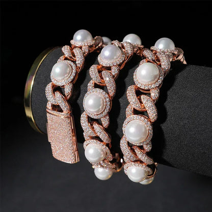 15mm Pearl Moissanite Cuban Link Necklace | S925 Silver Men’s Hip Hop Chain - CaratixJewelry