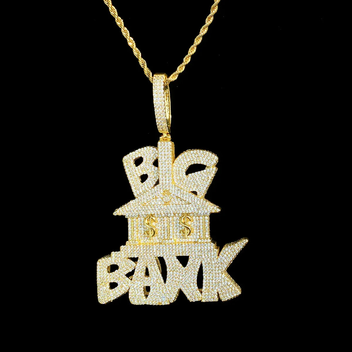 Iced Out "Big Bank" Letter Pendant | Men's Real Copper Money Statement Necklace - CaratixJewelry