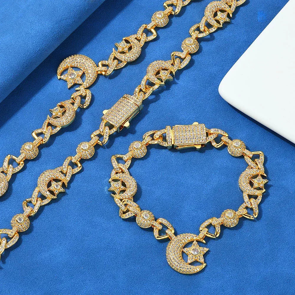 Custom 10mm Moon Star Necklace & Bracelet Gold Chain for Rapper | Caratix - CaratixJewelry