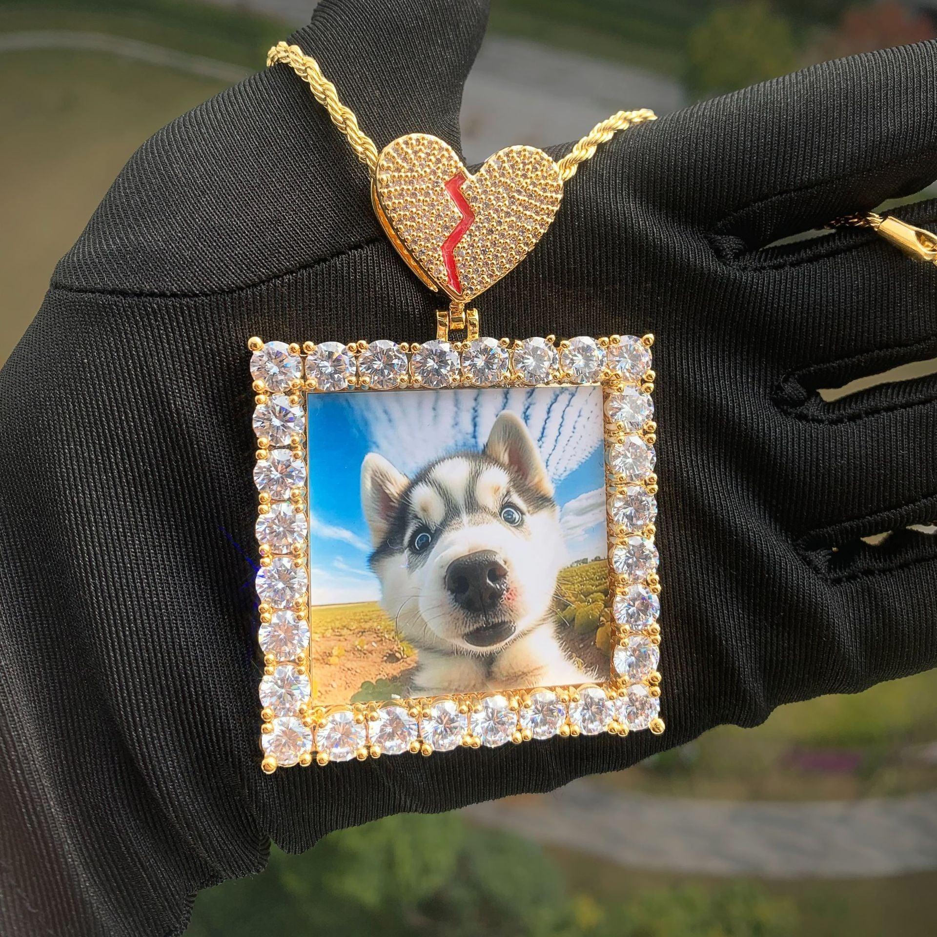 Dog Tag Photo Pendant with Heart Clasp | CZ Iced Out Custom Picture Hip Hop Necklace - CaratixJewelry