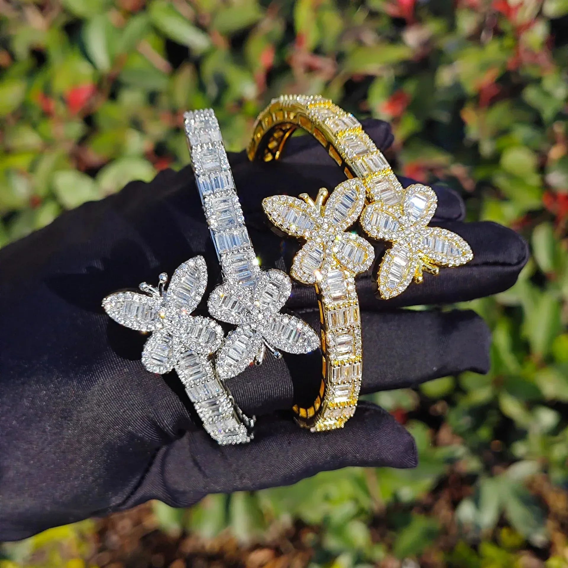 Iced Out Butterfly Bangle Bracelet with Copper & Zircon | Gold & Silver Open Cuff Hip Hop Jewelry for Men & Women | Caratix Jewelry - CaratixJewelry