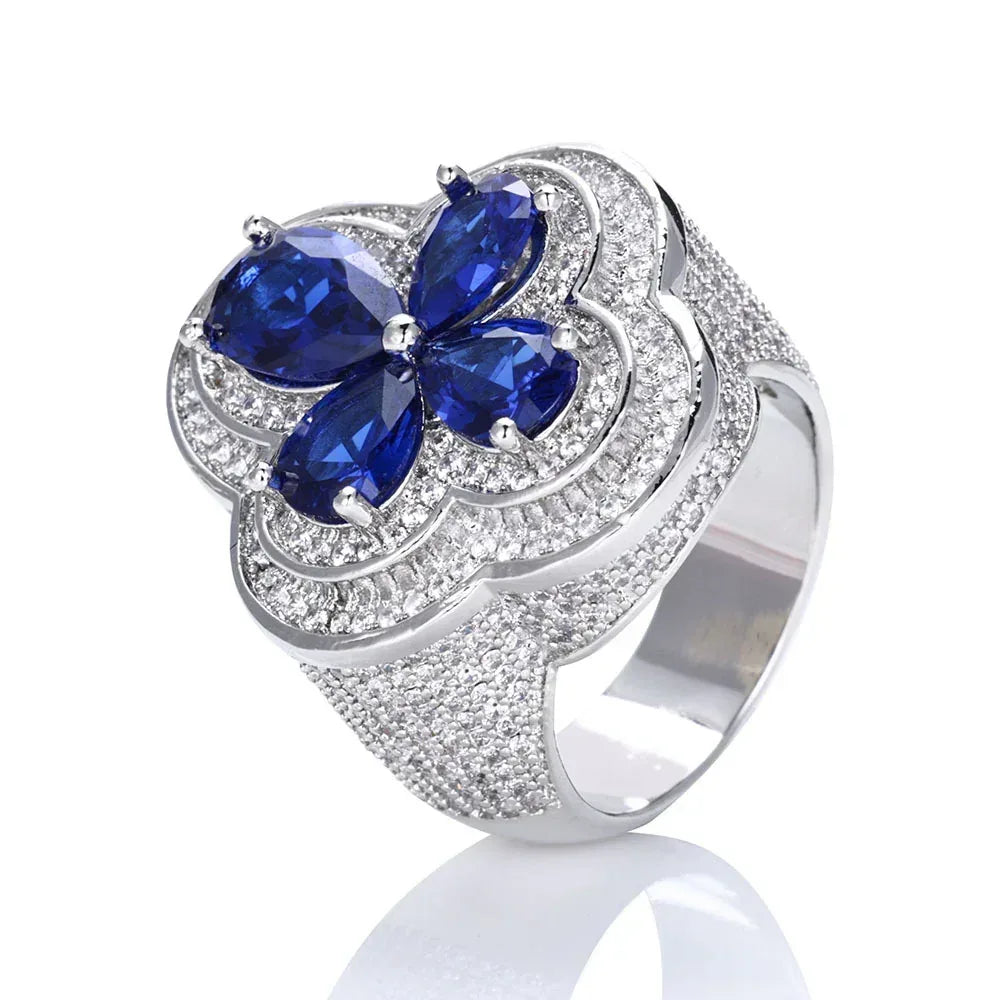 Blue Flower S925 Silver Moissanite Ring Rapper Iced Out Style | Caratix Jewelry - CaratixJewelry