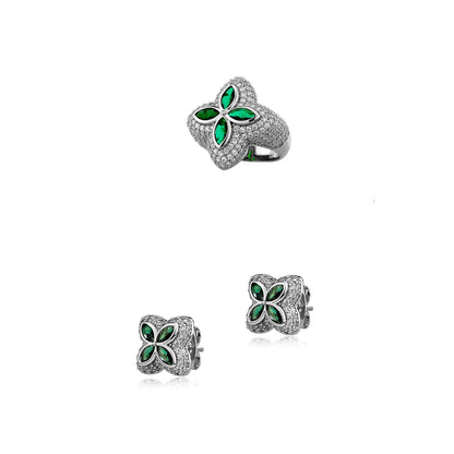 Men's Iced Out Clover Ring & Stud Earrings Set | Flower Motif Bling | Caratix