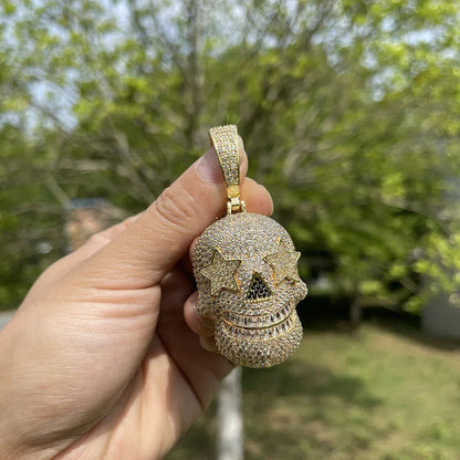 Iced Out Star Eye Skull Pendant | Men's Real Copper CZ Necklace - CaratixJewelry