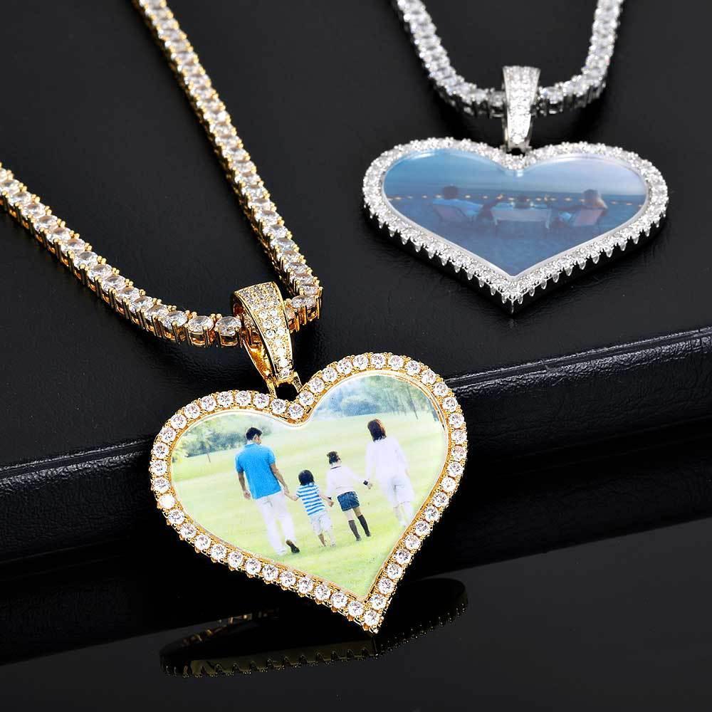 Custom Heart Photo Pendant Necklace with Zircon Stones for Men | Caratix Jewelry - CaratixJewelry