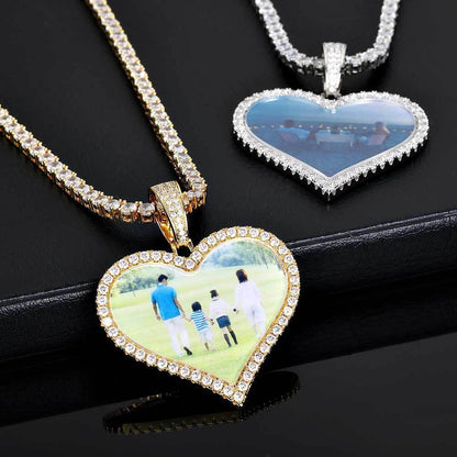 Custom Heart Photo Pendant Necklace with Zircon Stones for Men | Caratix Jewelry - CaratixJewelry