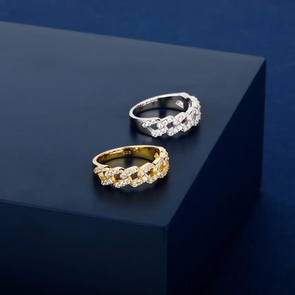 Solid 925 Sterling Silver Cuban Link Ring | Iced Out Hip Hop Band | Caratix