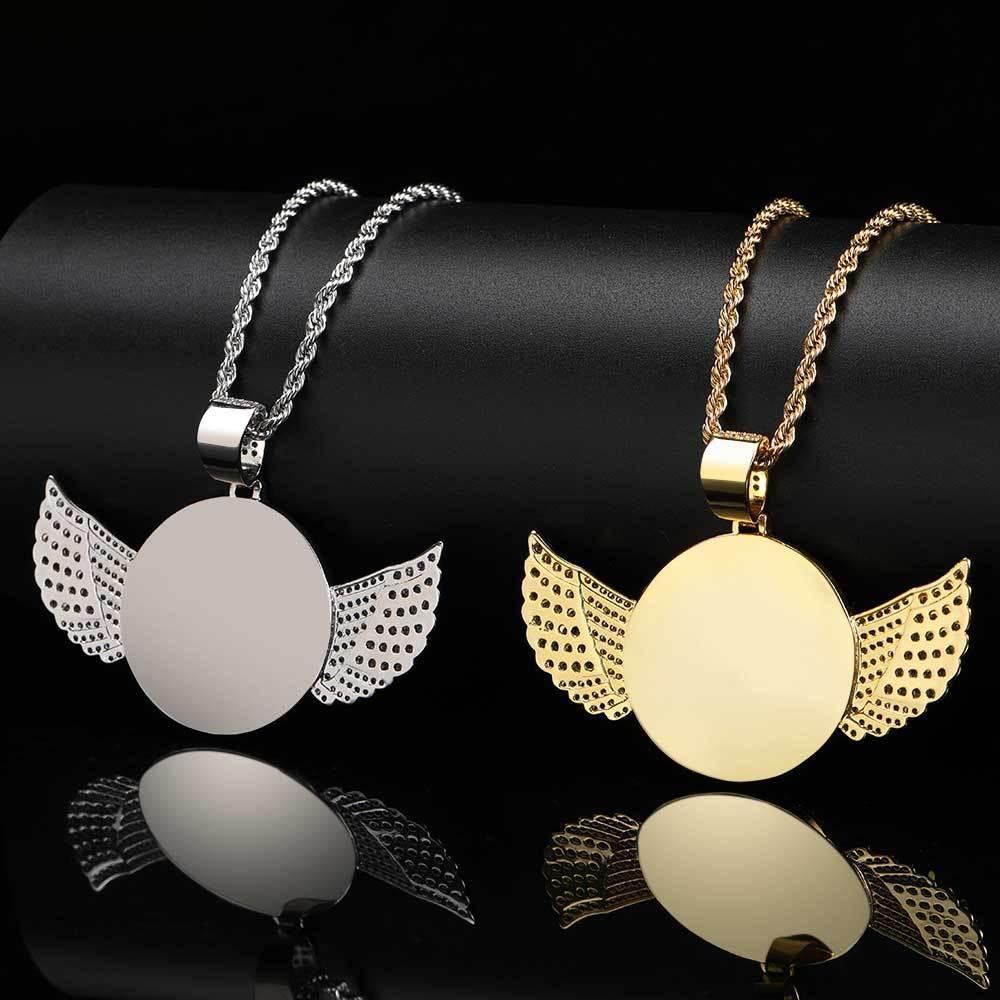 Custom Angel Wings Round Photo Pendant Necklace with Zircon Stones for Men | Caratix Jewelry - CaratixJewelry