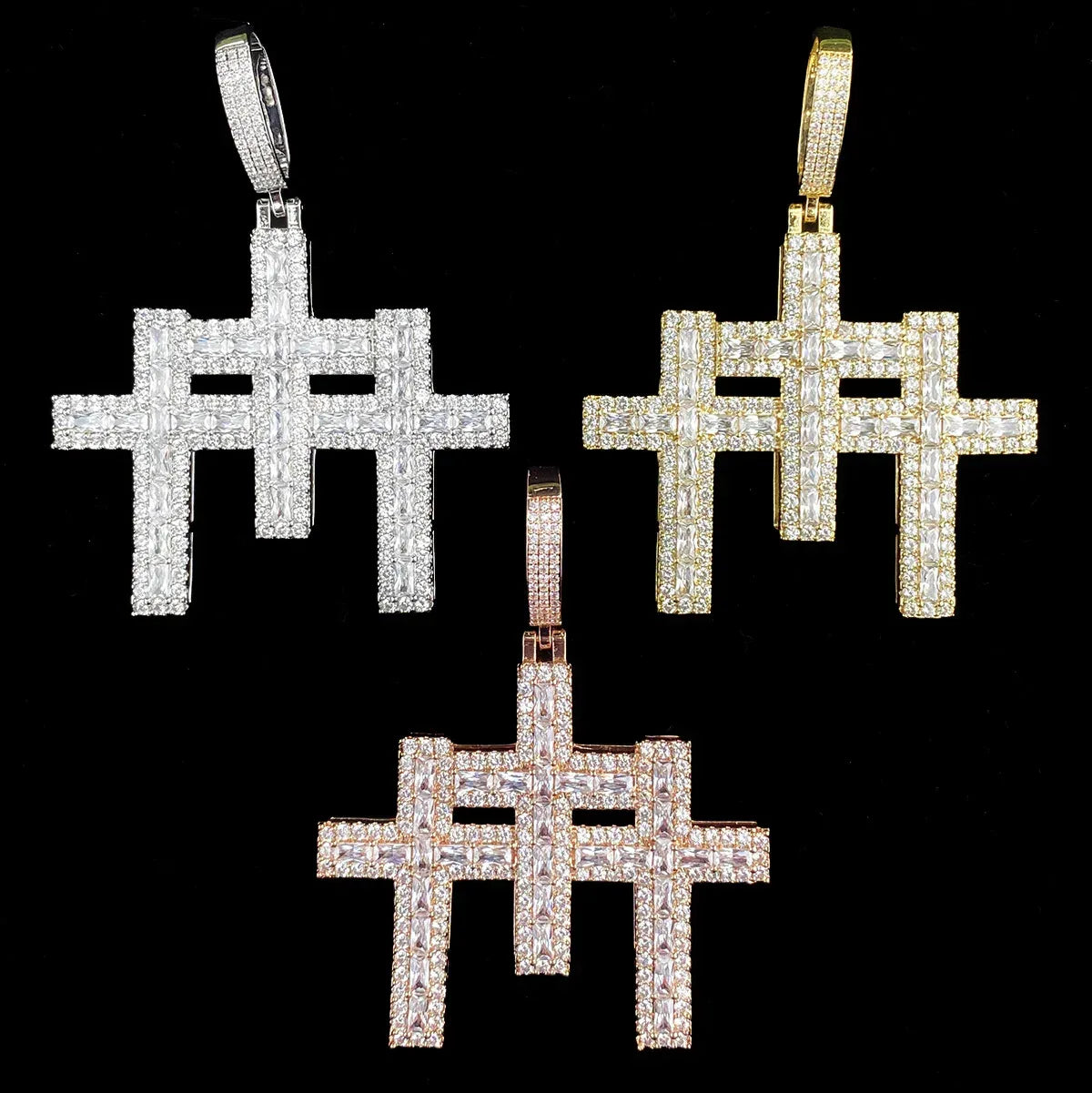 Iced Out 3-in-1 Triple Cross Pendant | Men's Super Combo Stacked Necklace - CaratixJewelry