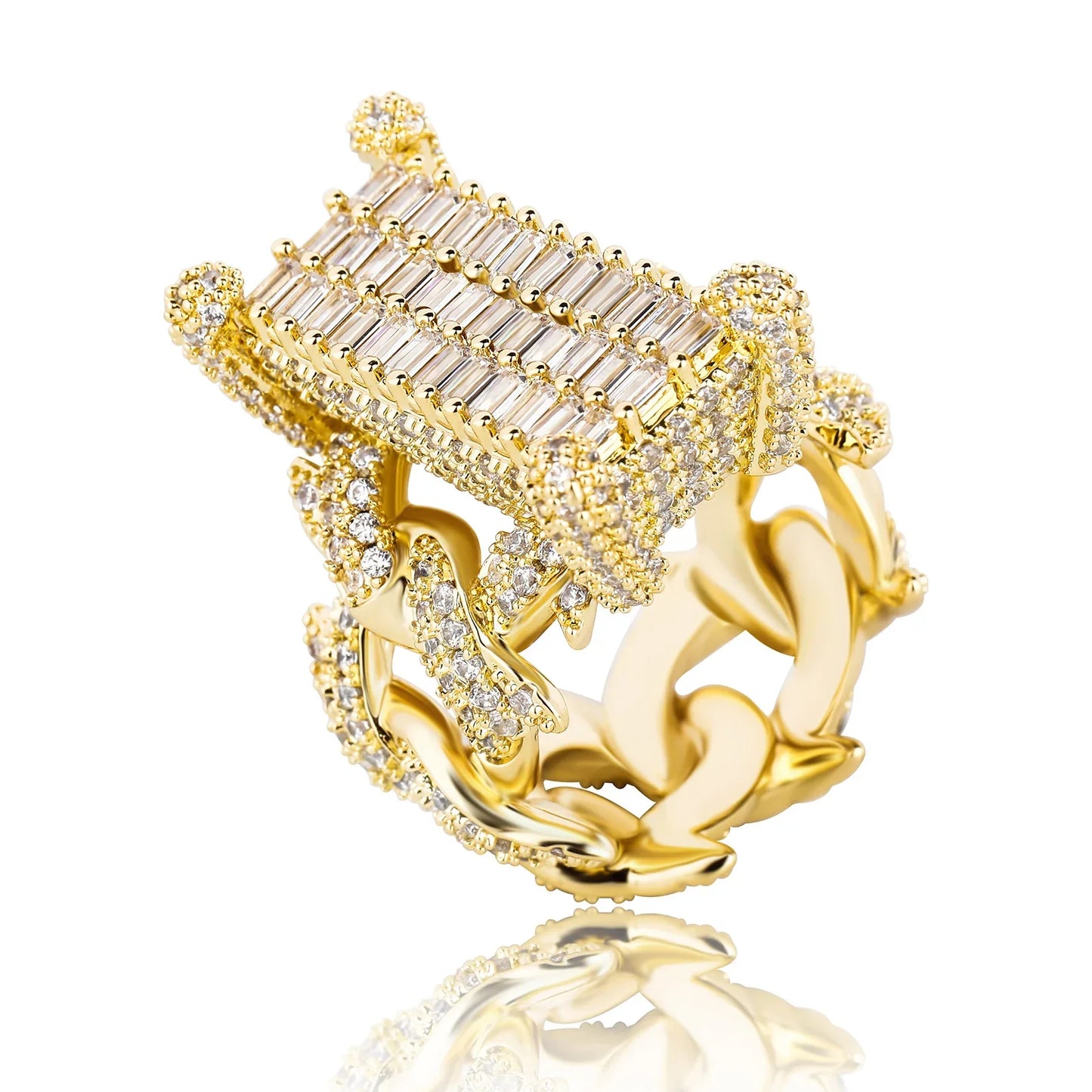 Iced Out Cuban Link Ring | Rectangular Zirconia Men's Band | Caratix