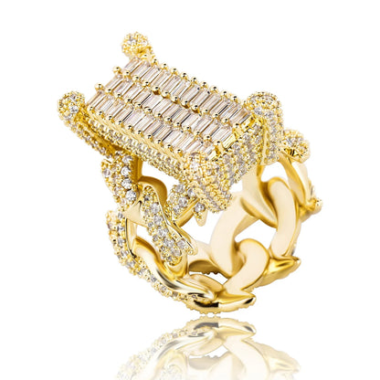 Iced Out Cuban Link Ring | Rectangular Zirconia Men's Band | Caratix