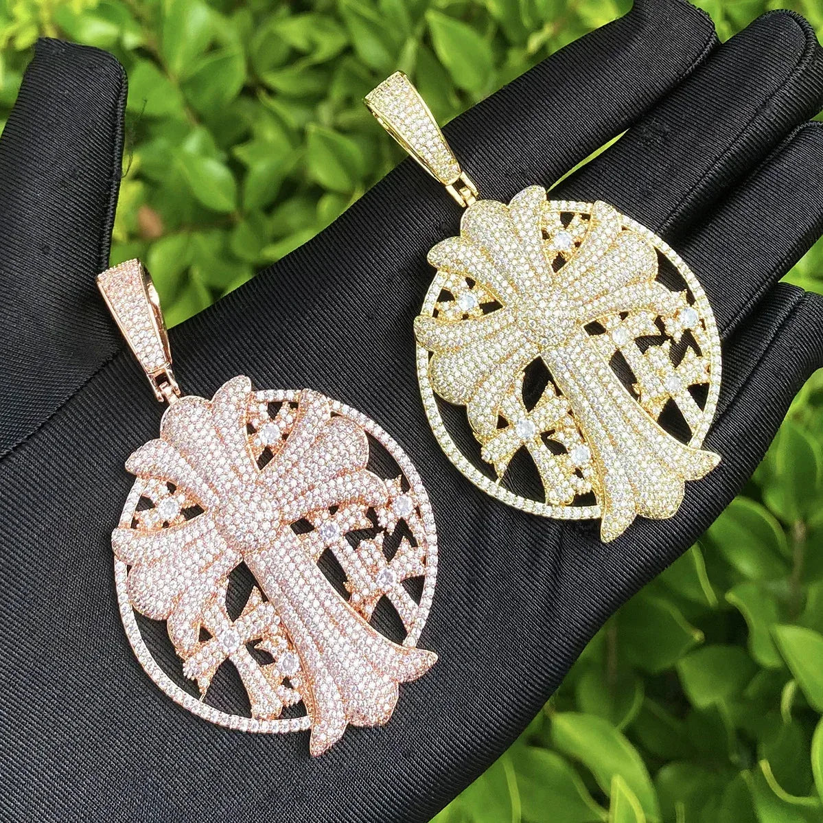 Iced Out Cross Medallion Pendant | Men's Round Disc Necklace - CaratixJewelry