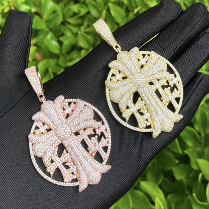 Iced Out Cross Medallion Pendant | Men's Round Disc Necklace - CaratixJewelry