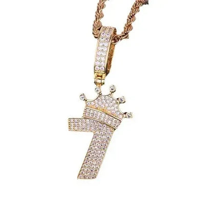 Luxury Iced Out Crown Number 7 Pendant | Lucky 7 Men's Hip Hop Necklace | Premium Copper CZ King Jewelry | CR7 Style Bling | Caratix - CaratixJewelry