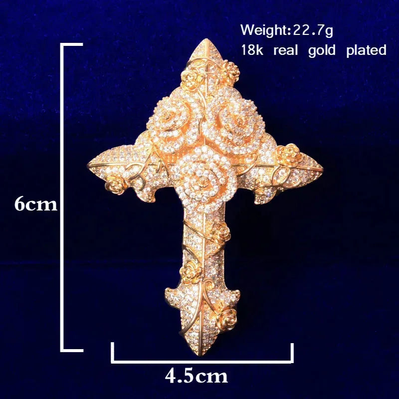 Luxury Iced Out Rose Cross Pendant for Men | Hip Hop Floral Faith Necklace | Premium Copper CZ Jewelry | Artistic Streetwear Bling | Caratix - CaratixJewelry