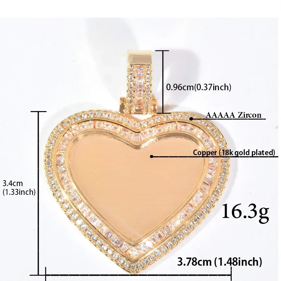 Heart Photo T-Bar Pendant | Iced Out CZ DIY Custom Picture Hip Hop Couple Necklace - CaratixJewelry