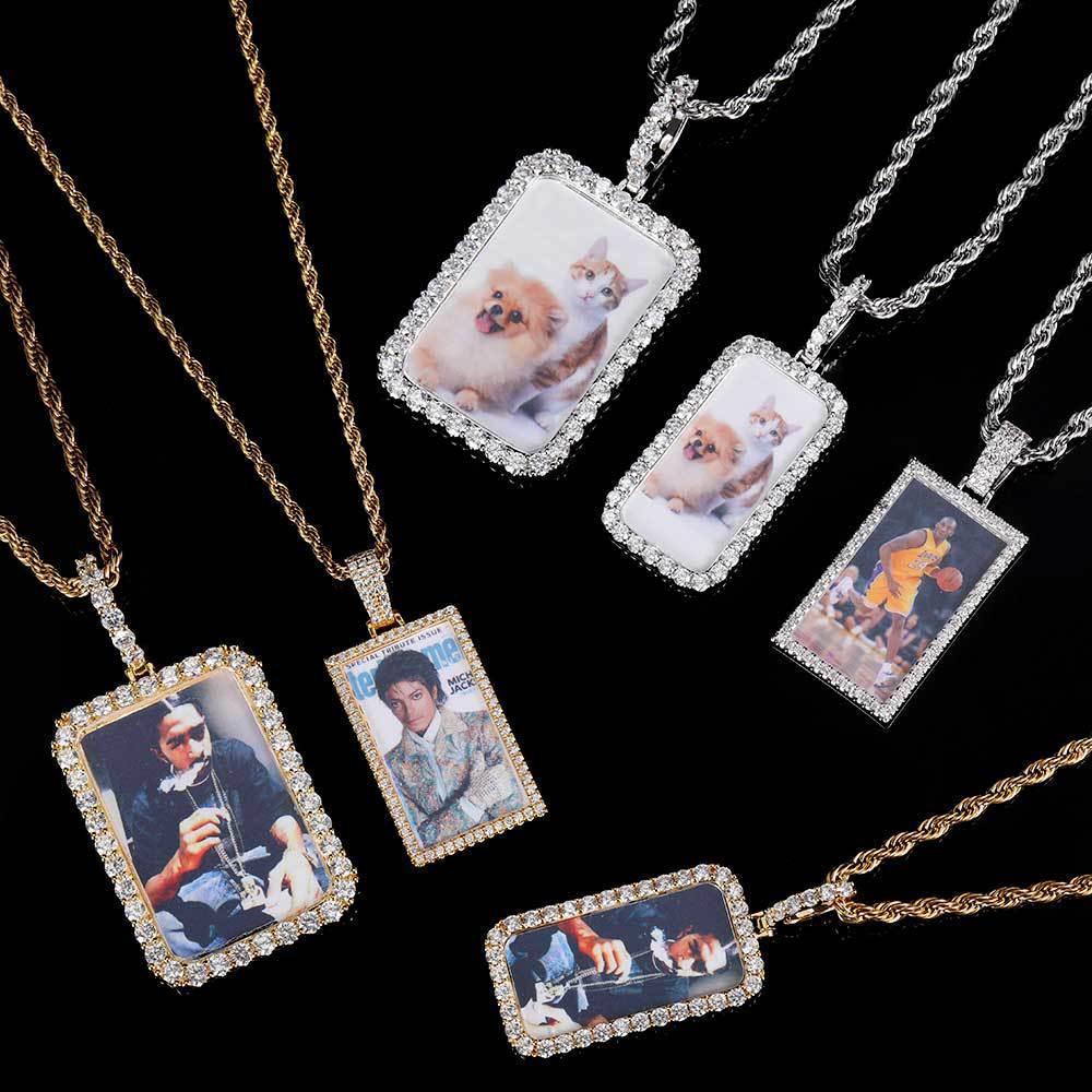 Custom Small Square Photo Pendant Necklace with Zircon Stones for Men | Caratix Jewelry - CaratixJewelry