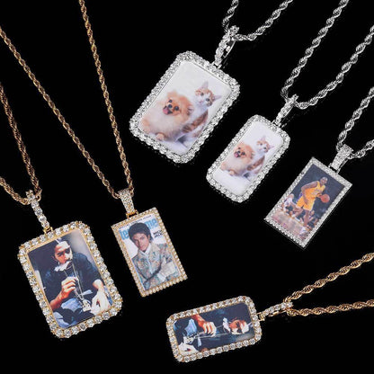 Custom Small Square Photo Pendant Necklace with Zircon Stones for Men | Caratix Jewelry - CaratixJewelry
