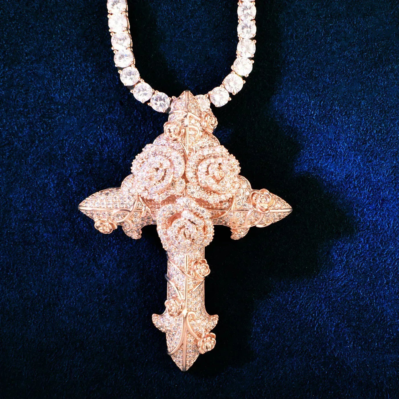Iced Out Rose Cross Pendant Rope Chain Necklace - CaratixJewelry