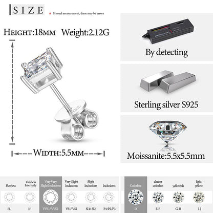 1CT VVS Diamond Princess Cut 925 Sterling Silver Stud Earrings