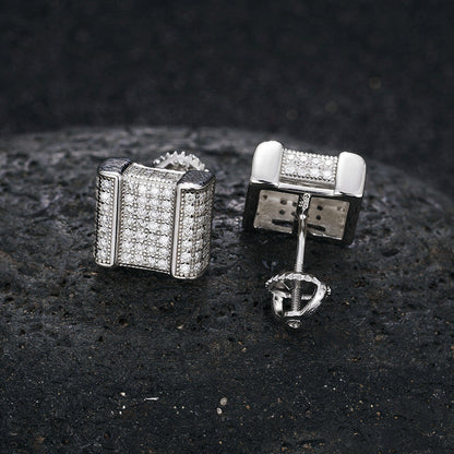 Square Cut Genuine Diamond Sterling Silver Flooded Ice Hip Hop Earrings