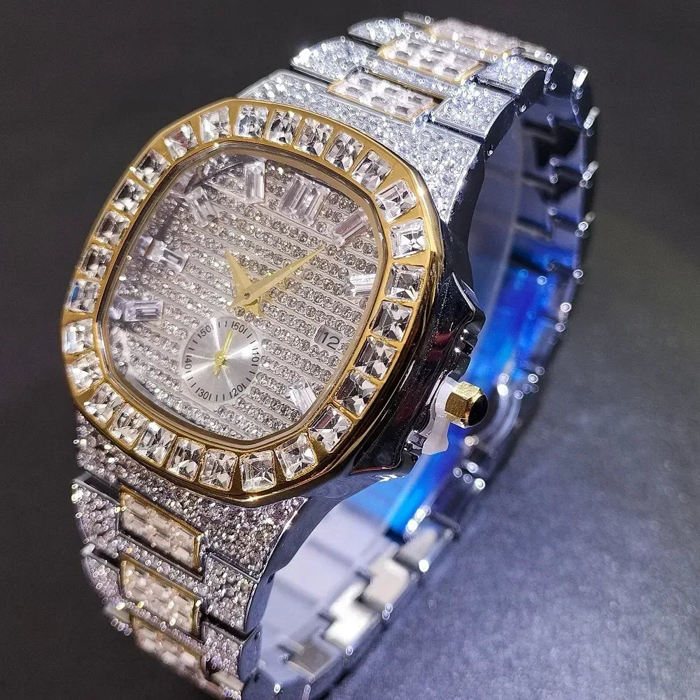 Luxury Big Men's Watch | Rose Gold Iced Out Watch | Crystal Rhinestone Analog Japan Quartz Wristwatch | Fashion Male Clock | Caratix - CaratixJewelry