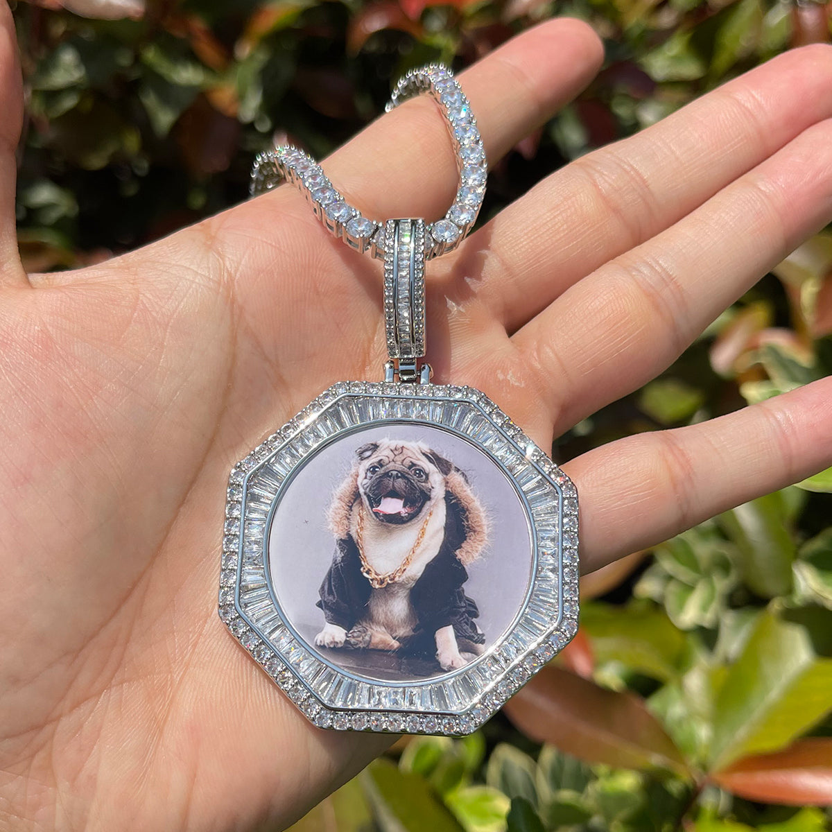 Stones and Baguette Octagon Custom Photo Picture Pendant Necklace 